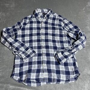 J Crew Mercantile Shirt Mens Large Linen Blue Plaid Button Front Preppy